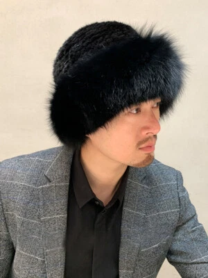 Men's Real Mink Fur Hat Fox Fur Brim Winter Warm Bucket Hat Outdoor Ski Cap - Image 1 of 4