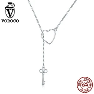 Voroco Wholesale S925 Sterling Silver Heart Key Pendant Necklace Chain Jewelry - Picture 1 of 7