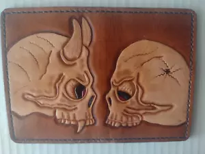Prison Made Leather Mens ID Charge Card Holder Brown Bi Fold Skull Design - Picture 1 of 10