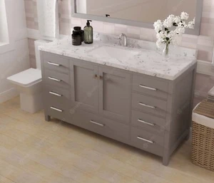 60" Gray Single Bathroom Vanity Cabinet Cultured Marble Countertop & Square Sink - Picture 1 of 3
