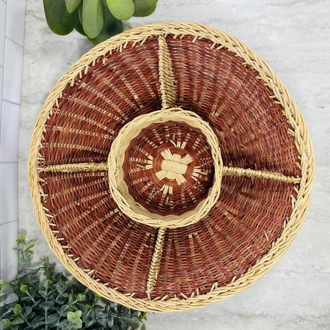 Vintage Woven Wicker Large Round Red Divided Basket Chip Dip Serving Tray 14” Cover