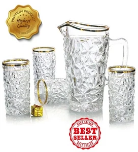 Glass Pitcher Set With Golden Lines,47 Oz Pitcher, 11 Oz Glass 7 Pieces - Bild 1 von 1