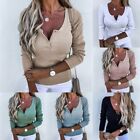 Contemporary Women's Button V Neck Ribbed Jumper Long Sleeve Blouse Top