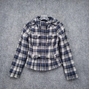 Abercrombie & Fitch Jacket Kids L Large Youth Blue Wool Silk Plaid Hooded - Picture 1 of 12