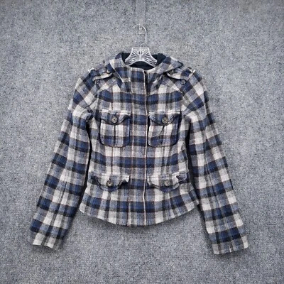 Abercrombie & Fitch Jacket Kids L Large Youth Blue Wool Silk Plaid Hooded - Image 1 of 4