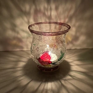CRACKLE GLASS VASE / PAINTED BUTTERFLY / 3.5" / PURPLE TINT AT BASE - Picture 1 of 7