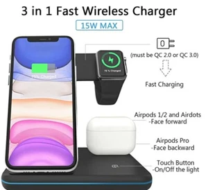 Wireless Charger, 3 in 1, 15W Fast Charging Station for Apple - Picture 1 of 5