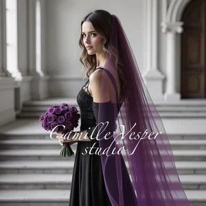 Single Layer Plum Purple Wedding Veil Gothic Wedding Veil One Tier Bridal Veil - Picture 1 of 15