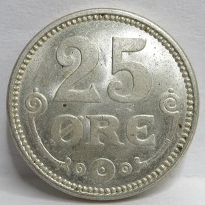 DENMARK Kingdom 25 Ore 1915 Silver Coin Choice UNC King Christian X Crown #R03 - Picture 1 of 6