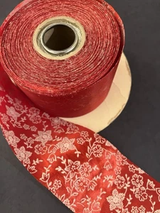 Vintage Ribbon 2 - 3/4" Wide 50+ Yd Roll Red & White Flocked Flowers - Picture 1 of 5