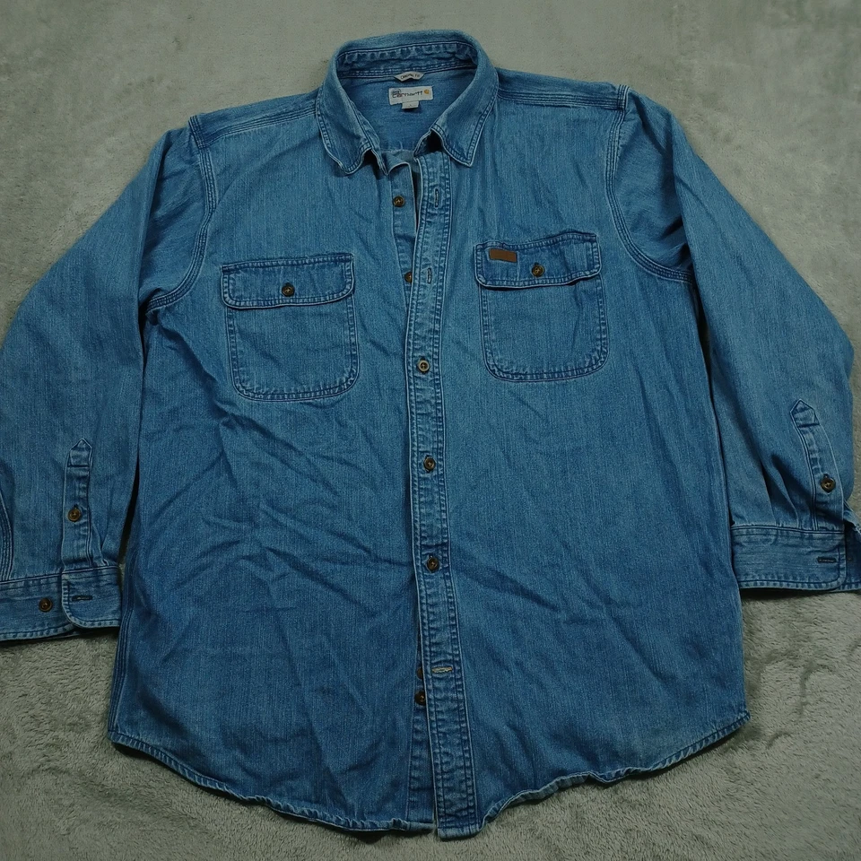 Camisa Carhartt masculina grande azul denim bolsos com botões roupa de trabalho casual - Imagem 1 de 4