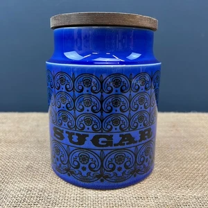 VINTAGE HORNSEA POTTERY COBALT BLUE SUGAR STORAGE JAR CADDY WOODEN LID - Picture 1 of 12