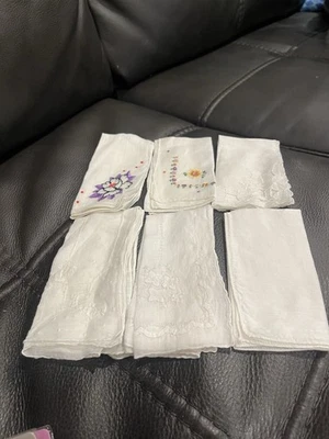 Handkerchiefs Ladies Vintage Hand Embroidered Cotton Linen Set Of 6 Hankies - Image 1 of 4
