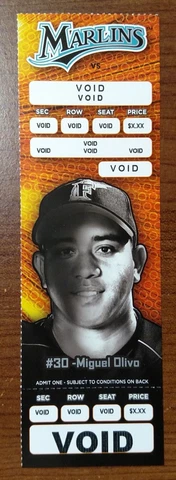Miami Florida Marlins Ticket Stub - VOID - Miguel Olivo - Lot #1 - Fast Shipping Cover