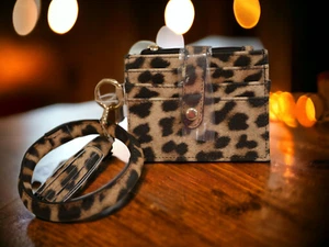 NEW W TAGS BLACK TAN LEOPARD PRINT CC ID CARD HOLDER WALLET KEY RING BRACELET - Picture 1 of 10