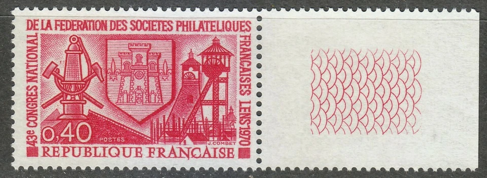 France 1970 MNH Mi 1714 Sc 1277 Arms of Lens,Miner's lamp,Pit Head ** Tab - Image 1 of 1