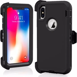 Black Rugged Defender Case for iPhone XR /XS Max/XS/ W/(Beltclip Fits Otter Box) - Picture 1 of 4