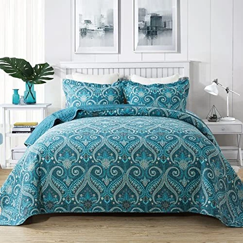 NEWLAKE Cotton Bedspread Quilt Sets-Reversible Patchwork Coverlet Set Turquo...