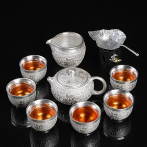 999 Pure Silver Tea Set Handmade Tea Pot Sterling Silver Tea Cup Dragon Relief - Picture 1 of 14