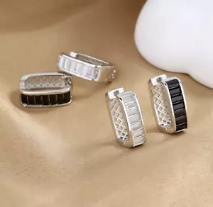 A Pair Women White Gold Plated Square CZ Oval Baguette Huggies Earrings PE3 - Picture 1 of 9