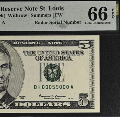 1999 $5 Federal Reserve Note PMG 66EPQ - Super Radar Serial Number 00055000 - Image 1 of 3