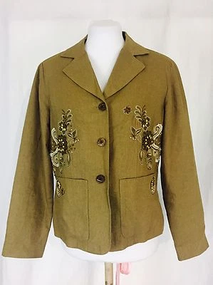 Chaqueta de mezcla de lino para mujer mediana marrón con cuentas bordadas bolsillos vintage 1990 Foto 1 de 4