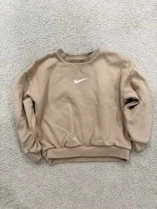 NIKE Kids Cotton Blend Tan Sweatshirt Crew Neck Center Embroidered Logo Comfy 7 - Picture 1 of 5