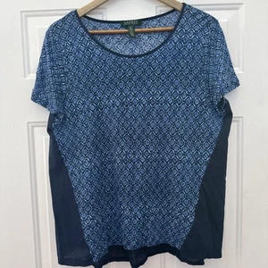 Lauren Ralph Lauren Women's S/S Blue Geometric Print Top w/ Navy Back - Size XL - Picture 1 of 3