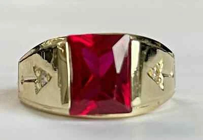 3CT Emerald Cut Lab-Created Red Ruby Diamond Men's Ring 14K Yellow Gold Plated - Image 1 of 4