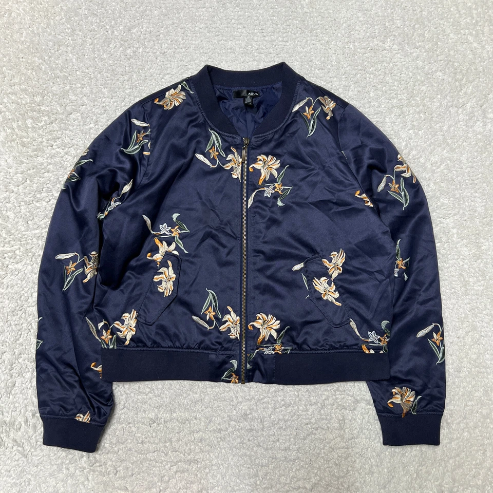 Chaqueta Aqua Mujer Grande Azul Marino Bordada Floral Bomber Satén Chaqueta Corta Foto 1 de 4