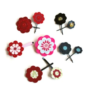 Handmade Fabric Faux Leather Flowers Hair Slides Asymmetric - Great Little Gift - Picture 1 of 40
