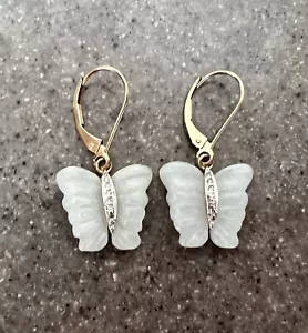 Vintage 10K Yellow Gold Green Jade & Diamond Butterfly Drop Dangle Earrings - Picture 1 of 10