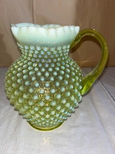 Fenton Vaseline Opalescent Hobnail Pitcher-Prelogo-Label-Topaz Uranium MCM - Picture 1 of 14