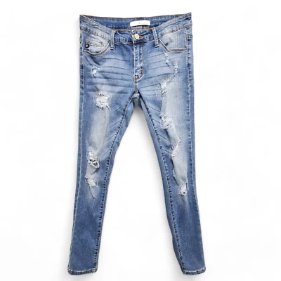 Pantalones de mezclilla ajustados Kancan Los Angeles para mujer 5 azules tiro bajo elásticos 29" desgastados Foto 1 de 4