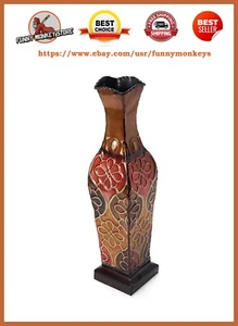 Tall Floor Vase Decorative Large Big Red Gold Floral Square Embossed Metal Home - Picture 1 of 2
