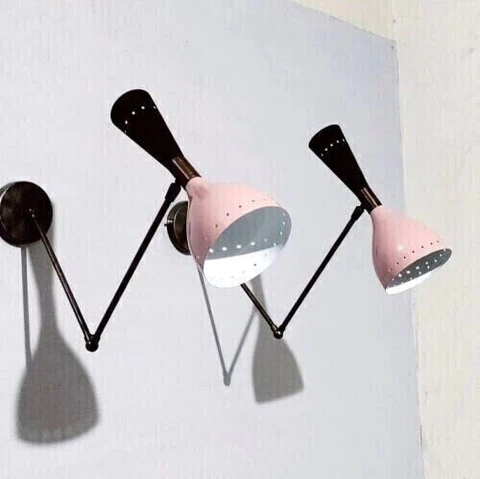 1950's Mid Century Modern Brass Italian Wall Sconce Stilnovo Wall Fixture Pink Cover
