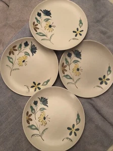 4 Poole England Pottery 9” Dinner Plates Blue Yellow Turquoise Mauve Flowers D13 - Picture 1 of 4