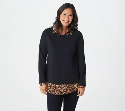 Isaac Mizrahi Live! French Terry & Woven Leopard Layered Top Black M A367566 Foto 1 de 4
