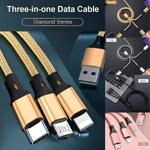 Nylon braid Mobile Micro 1.2M USB Cable 3 in 1 Phone Charging Cable - Photo 1 sur 9