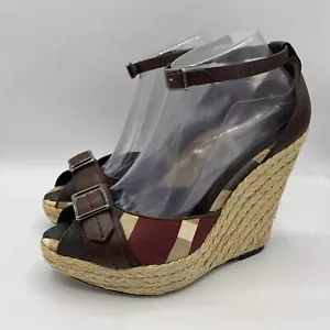 Burberry Nova Check Leather Espadrille Heel Wedge Sandals Women Size 10 - Picture 1 of 7