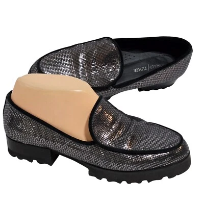 Mocasín Donald J Pliner Elen para mujer 6,5 M cuero metálico negro plata suela Foto 1 de 4