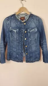 7 for all Mankind denim jacket size Small 8 10 Collarless Rhinestone Distressed  - Picture 1 of 12
