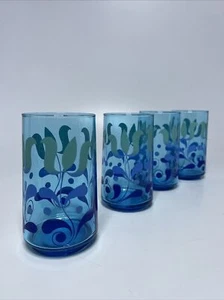 Vintage MCM Juice Drinking Glasses Blue w/Ombre Tulip Flowers 4pc Set Retro Aqua - Picture 1 of 6