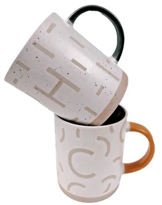 Pair of West Elm Abstract Monogram 12oz Coffee Mugs Letter C & H Ivory Tan - Picture 1 of 8