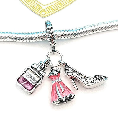 Charm argento 925 profumo tacchi vestitino rosa donna zirconi  - Immagine 1 di 4
