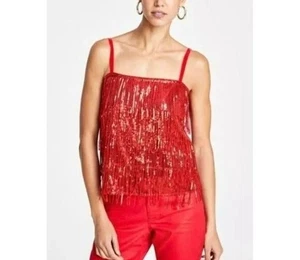$90 INC Sequined Fringe Camisole Real Red Adjustable Spaghetti Straps Lined sz M - Picture 1 of 6