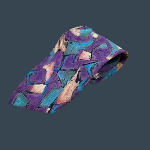 Vintage Tuli 100% Silk Abstract Geometric Tie Made In USA Purple/Teal/Peach - Picture 1 of 5