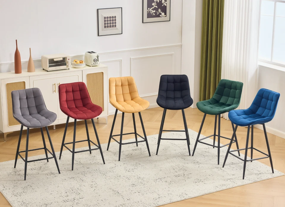 2X Bar Stools Velvet Bar Chairs Metal Legs Breakfast Bar Pub Chair Kitchen Home - Image 1 of 2