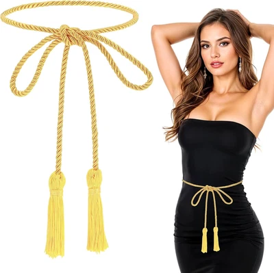 2 Pcs Gold Rope Belt 67" Braided Tassel Tie Belts for Women Dresses - Image 1 of 4