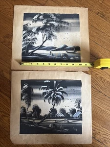 Vintage 1960s Silk Vietnamese Hand Paintings Black and White Water Signed 9x10 - Picture 1 of 9
